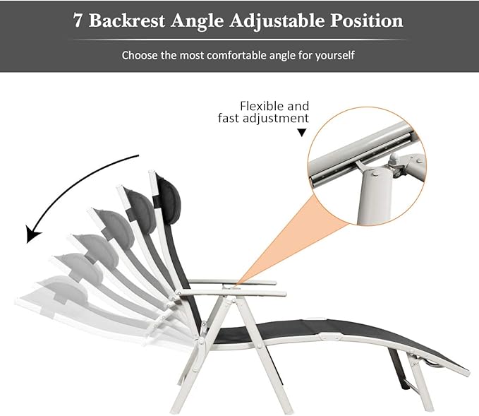 Tangkula 2 PCS Outdoor Folding Chaise Lounge Chair, Lightweight Recliner Chair w/ 7 Adjustable Backrest Positions - Photo 6