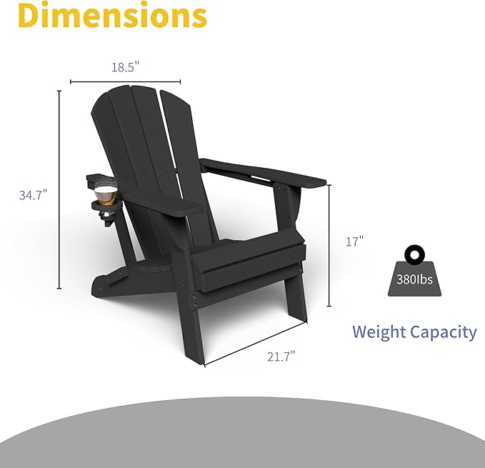 Kingdura Foldable Adirondack Chair, Portable HDPE All Weather Resistant Outdoor Patio Chair, Wooden Textured with Cup Holder, 380LBS Capacity for Poolside, Backyard, Deck, Fire Pit (Black)