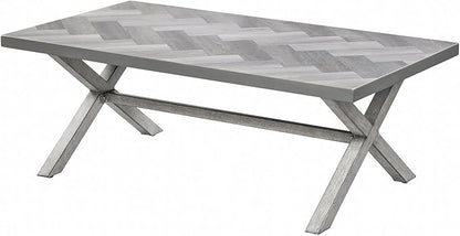 Aluminum Outdoor Coffee Table, All-Weather Rectangle Patio Coffee Table with Resin Tabletop, Modern Aluminum Outdoor Furniture Table for Patio, Poolside, Garden, Balcony, White Oak