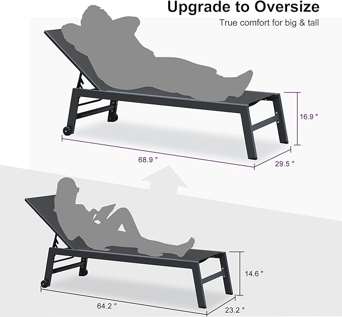 PURPLE LEAF 6-Piece Outdoor Chaise Lounge Oversized Pool Lounge Chairs with Easy-to-Move Wheels and Adjustable Backrest - Photo 3