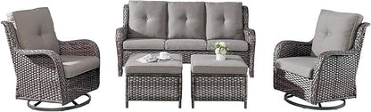 Rilyson Wicker Patio Furniture Set - 5 PC Rattan Outdoor Sectional Conversation Sets with 2 Rocking Swivel Chairs,2 Ottomans and 1 Sofa for Porch Deck Garden(Mixed Grey/Grey)