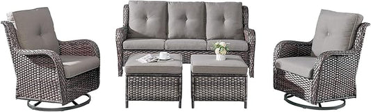 Rilyson Wicker Patio Furniture Set - 5 PC Rattan Outdoor Sectional Conversation Sets with 2 Rocking Swivel Chairs,2 Ottomans and 1 Sofa for Porch Deck Garden(Mixed Grey/Grey)
