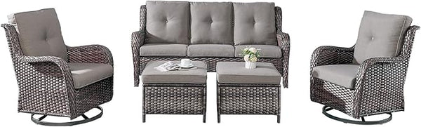 Rilyson Wicker Patio Furniture Set - 5 PC Rattan Outdoor Sectional Conversation Sets with 2 Rocking Swivel Chairs - Photo 1