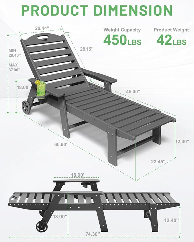 Lounge Chair Outdoor, Chaise Lounge Outdoor, HDPE 6-Position Lounge Chair for Outside - Photo 3