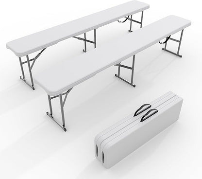 6FT Folding Bench – 2 Pack Plastic Portable Indoor Outdoor Bench Garden Bench with Carrying Handle and Lock – Perfect for Events, Camping, Picnics, Parties, Dining, White