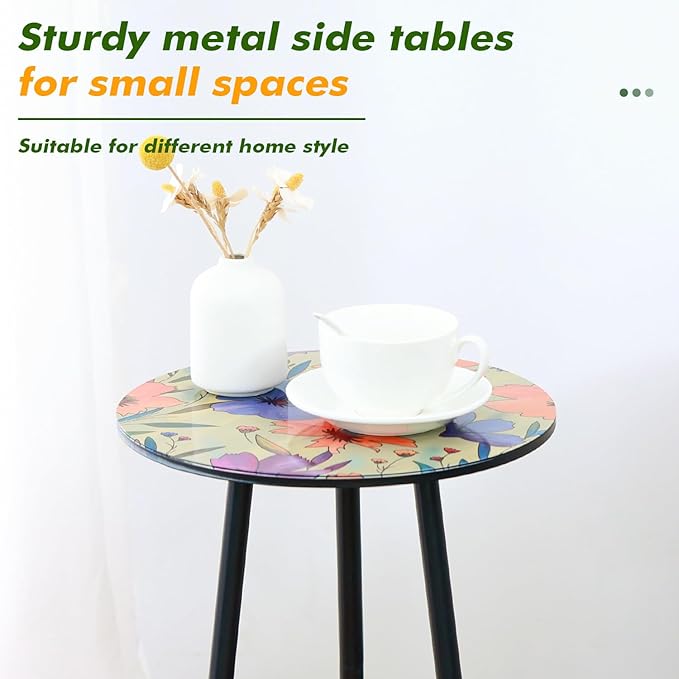 Party Zealot 2 Packs Metal Floral Round Side Table 13.2" Small Outdoor Patio Round Accent Coffee Tables Indoor Corner - Photo 4