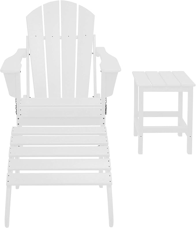WestinTrends Malibu Outdoor Lounge Chairs, 3-Pieces Adirondack Chair Set with Ottoman and Side Table, All Weather Poly Lumber Patio Lawn Folding Chair for Outside Pool Garden Backyard, White