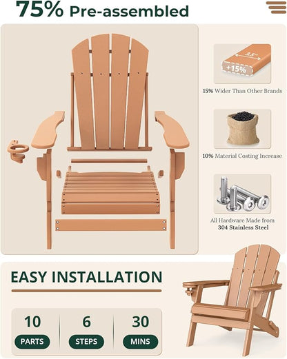 BRIOPAWS Folding-Adirondack-Chairs Set of 2 | HDPE | Fire Pit Chair | Cup Holder | Weather Resistance | Teak | for Outdoor Backyard Deck Patio