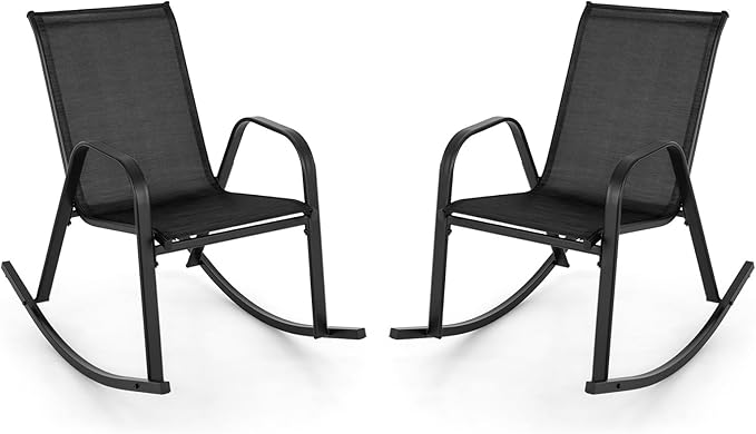 Giantex Outdoor Rocking Chairs Set of 2, Patio Rocking Chairs w/Breathable Seat & Back, Heavy-Duty Metal Support, Ergonomic Outside Rocker for Backyard, Poolside, Garden (1, Black)
