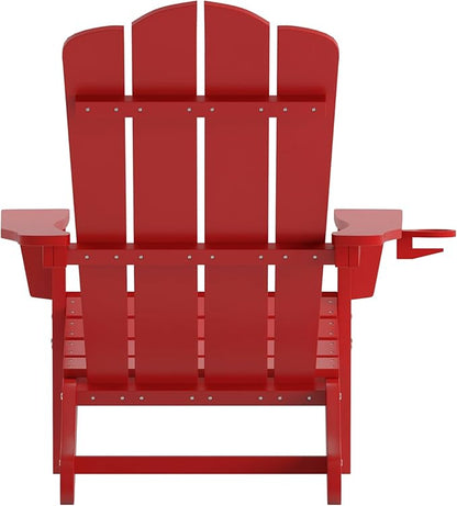 Flash Furniture Newport Adirondack Chair with Cup Holder, Weather Resistant Poly Resin Adirondack Chair, Red