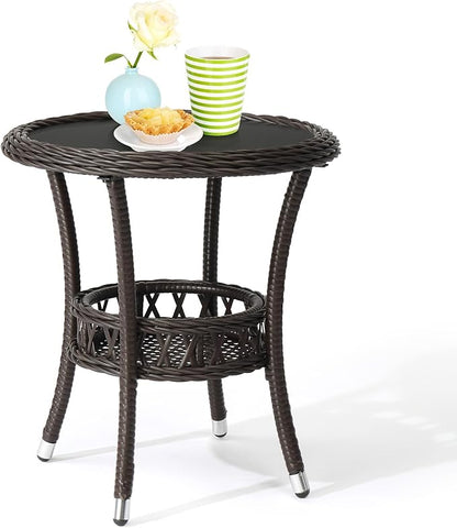 VINGLI Outdoor Wicker Side Table, Patio Side Tables for Outside Tempered Glass Top Wicker Table with Storage End Table for Balcony Porch Deck (Dark Brown)