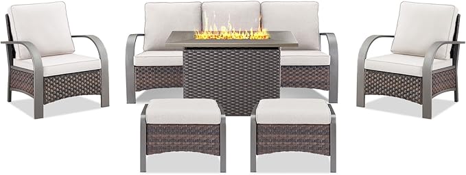 Belord 6 Pieces Patio Furniture Set with Fire Pit Table - 50000 BTU Propane Fire Pit, 2 Single Leisure Chairs - Photo 1