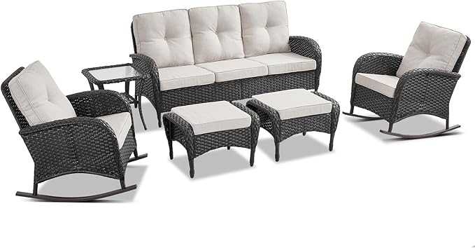 Belord Patio Rocking Chairs Furniture Set of 6, Outdoor Wicker Furniture Sets with Wicker Rocker - Photo 2