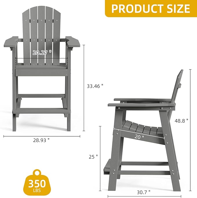 DWVO 25" Tall Adirondack Chair, Poly Bar Height Balcony Chairs, Weather-Durable Outdoor Barstool Lifeguard Chair for Deck Pool Patio and Porch, Gray