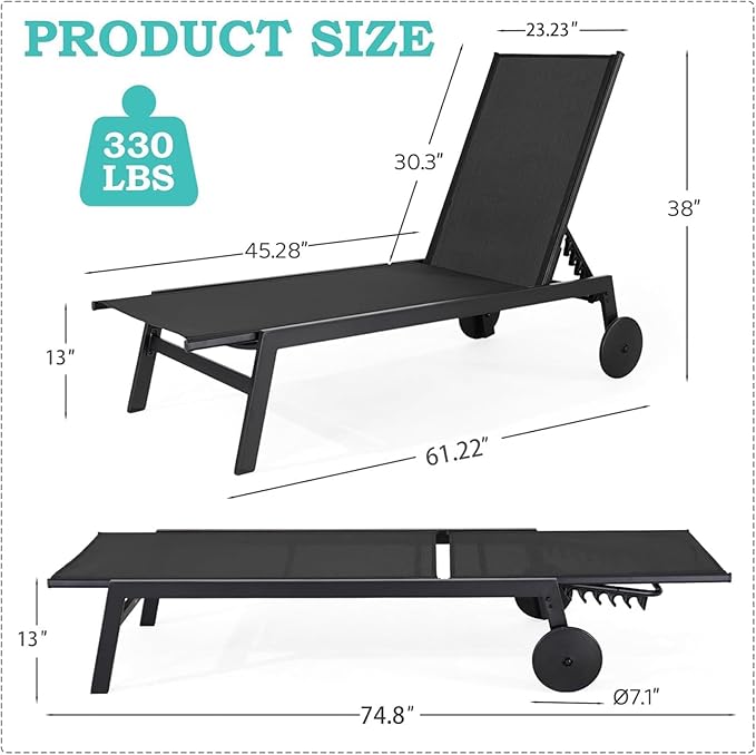 EROMMY Outdoor Lounge Chairs Set of 2 with Wheels – Adjustable Backrest Chaise Lounge - Photo 2