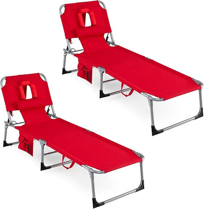 COSTWAY Tanning Chair with Face Hole, Folding Beach Lounge Chair with 4-Position Adjustable Backrest, Pillow & Side Pocket, Foldable Chaise Lounge Chair Outdoor for Sunbathing, Camping (2, Red)