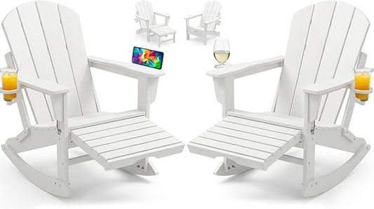 PASAMIC Adirondack Rocking Chairs Set of 2, Foldable All-Weather HDPE Patio Rockers with Retractable Ottoman & Cup Holder, Outdoor Chairs for Porch Backyard Pool Garden Balcony, White
