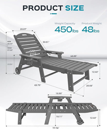 Ciokea Lounge Chair Outdoor, Oversized Chaise Lounge Chair with 5 Positions, HDPE, Patio Lounge Chair with Wheels & Cup Holder for Pool, Deck, Poolside, Dark Grey