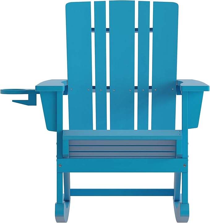 Flash Furniture Halifax Adirondack Rocking Chair with Cup Holder, Weather Resistant Poly Resin Adirondack Rocking Chair, Blue