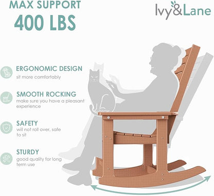 IVY&LANE Outdoor Rocking Chairs Set of 2 | Porch-Rockers | Teak | HDPE Plastic | All-Weather | High Back | Wide Seat | Oversized Patio Rocker for Adult | for Outside Deck Balcony Garden