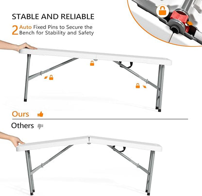 VINGLI 6 feet Plastic Folding Bench,Portable in/Outdoor Picnic Party Camping Dining Seat, Garden Soccer Multipurpose Entertaining Activities, Smooth HDPE Tabletop (1, White, 4ft)