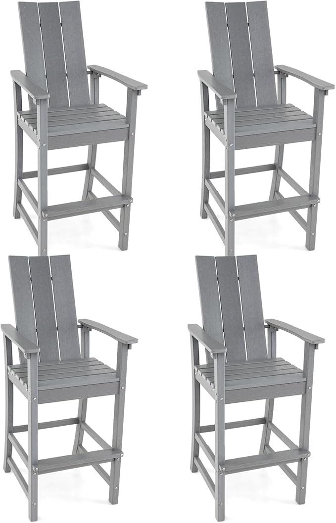 Giantex 52” Tall Adirondack Chair Set of 4, HDPE Outdoor Bar Stool with Ergonomic Backrest, Armrests, Footrest, Fire Pit Chair, All Weather Patio Bistro Chair for Yard, Garden, Lawn (Grey)