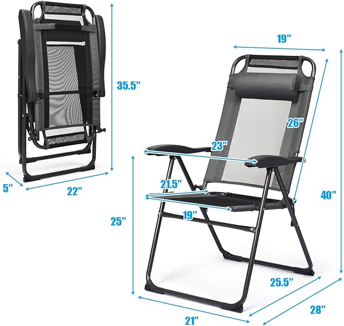 Giantex Set of 4 Patio Dining Chairs, Folding Lounge Chairs with 7 Level Adjustable Backrest, Headrest, 300 Lbs Capacity - Photo 3