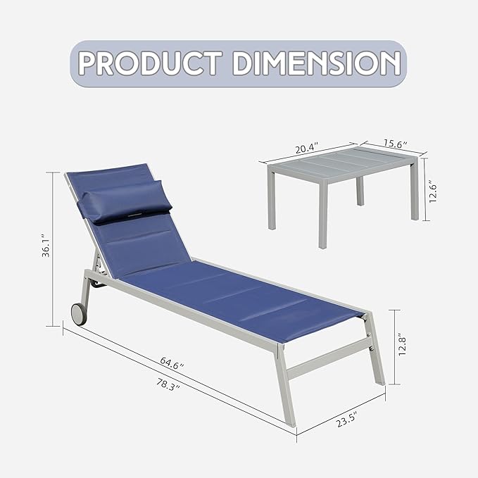 Domi Outdoor Patio Chaise Lounge Set of 3, Aluminum Pool Lounge Chairs with Side Table and Wheels, Textilene Padded Adjustable Recliner All Weather for Poolside, Beach, Yard, Balcony (Navy Blue)