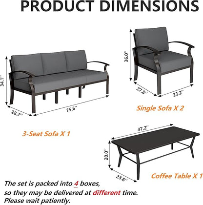 Gotland Aluminum Patio Furniture Set with Rectangular Coffee Table, Metal Patio Furniture with 5 Seats Waterproof 5.1'' Seat Cushions, Outdoor Sectional Patio Conversation Sets for Balcony Grey