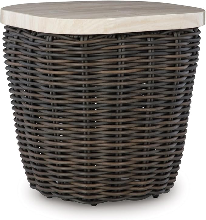 Signature Design by Ashley Kimora Cottage Faux Marble Pattern Tabletop Outdoor End Table with Pedestal Base, Dark Brown & Beige