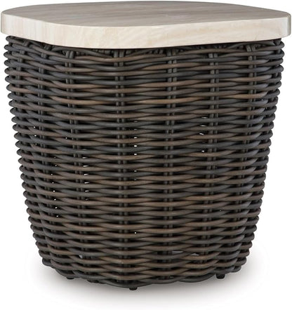 Signature Design by Ashley Kimora Cottage Faux Marble Pattern Tabletop Outdoor End Table with Pedestal Base, Dark Brown & Beige