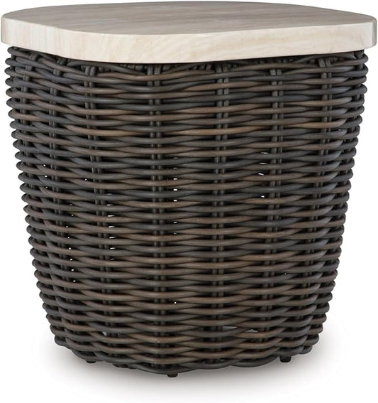 Signature Design by Ashley Kimora Cottage Faux Marble Pattern Tabletop Outdoor End Table with Pedestal Base, Dark Brown & Beige