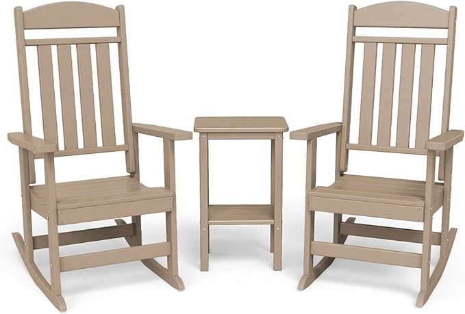 3-Piece Outdoor Rocking Chair Set, Oversized Porch Rocking Chair Set of 2 with Side Table, HDPE High Back Patio Rocking Chair, Suitable for Patio, Porch, Backyard, Brown