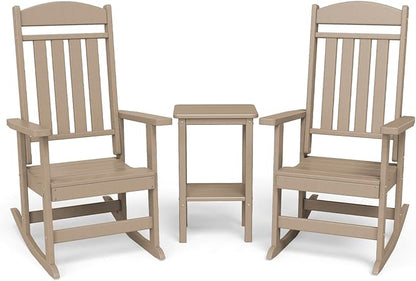 3-Piece Outdoor Rocking Chair Set, Oversized Porch Rocking Chair Set of 2 with Side Table, HDPE High Back Patio Rocking Chair, Suitable for Patio, Porch, Backyard, Brown