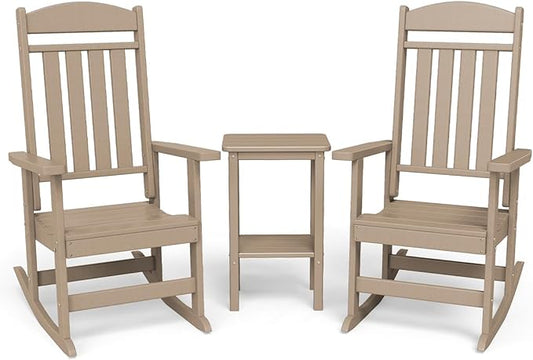 3-Piece Outdoor Rocking Chair Set, Oversized Porch Rocking Chair Set of 2 with Side Table, HDPE High Back Patio Rocking Chair, Suitable for Patio, Porch, Backyard, Brown
