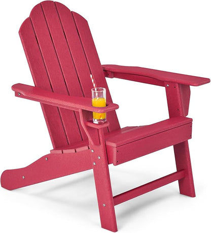 Giantex Adirondack Chair, HDPE All-Weather Patio Chair with Built-in Cup Holder, Outside Composite Chairs, Lawn Chair for Campfire, Deck, Garden, Yard, Balcony, Outdoor Fire Pit Chairs (1, Red)