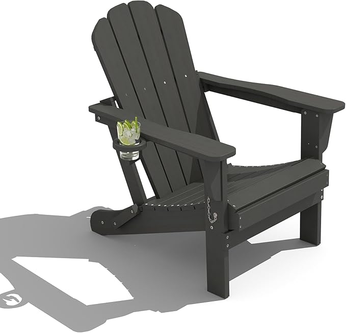 Domi Folding Adirondack Chair, HDPE All-Weather Adirondack Chairs with Cup Holder, Outdoor Plastic Fire Pit Chairs Wood Texture for Poolside, Patio, Backyard, Deck (Grey)