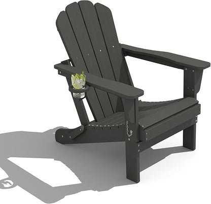 Domi Folding Adirondack Chair, HDPE All-Weather Adirondack Chairs with Cup Holder, Outdoor Plastic Fire Pit Chairs Wood Texture for Poolside, Patio, Backyard, Deck (Grey)