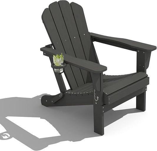 Domi Folding Adirondack Chair, HDPE All-Weather Adirondack Chairs with Cup Holder, Outdoor Plastic Fire Pit Chairs Wood Texture for Poolside, Patio, Backyard, Deck (Grey)