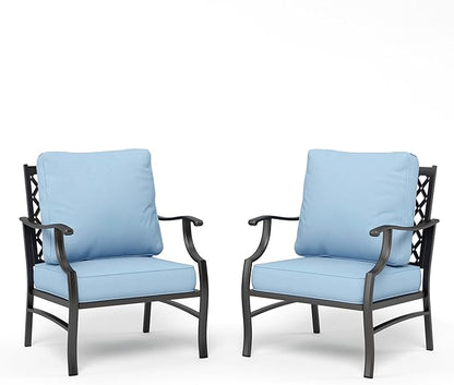 Metal Patio Chairs Set of 2 with 5.75" Extra Thick Cushion, 2 Pieces High Back Outdoor Patio Chairs All Weather Outdoor Furniture Seating for Deck Backyard Balcony Front Porch, Blue