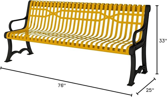 COATEDOUTDOORFURNITURE Heavy-Duty Outdoor Bench Thermoplastic Coated, Slatted Steel, Commercial-Grade Garden Bench, Made in America (Portable with Back, 4 Ft, Textured Yellow)