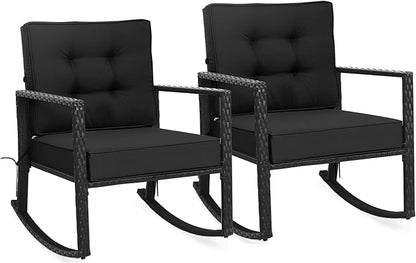 Tangkula Wicker Rocking Chair, Outdoor Glider Rattan Rocker Chair with Heavy-Duty Steel Frame, Patio Wicker Furniture Seat with 5” Thick Cushion for Garden, Porch, Backyard, Poolside (2, Black)