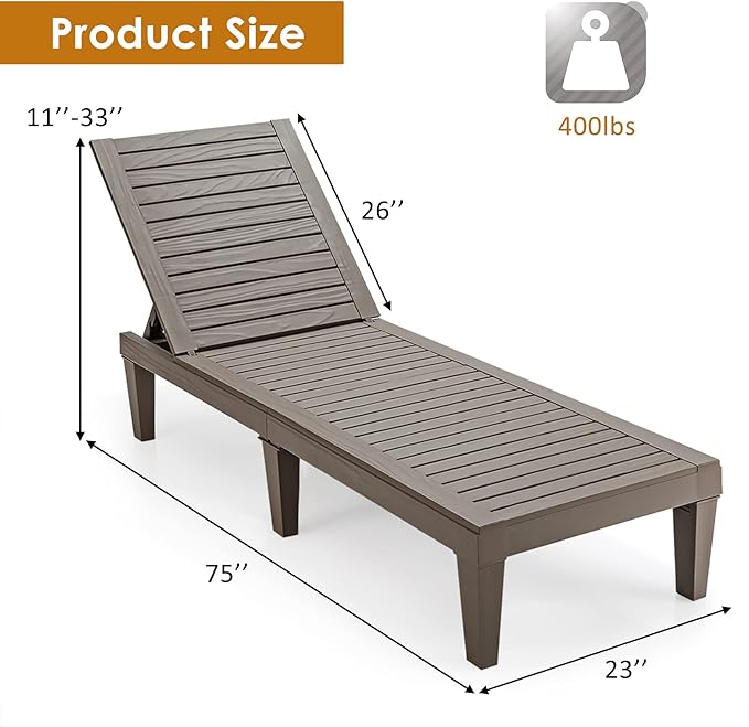 Tangkula Outdoor Chaise Lounge Chair, Lightweight Patio Lounge Recliner Chair with Adjustable Backrest, 5 Reclining Positions Chaise Lounger for Patio, Beach, Balcony, Poolside, Backyard (1, Coffee)