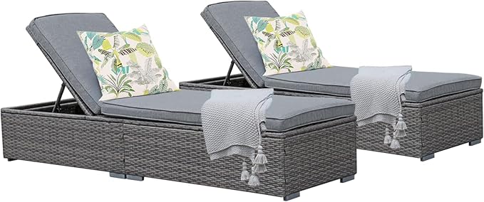 Patiorama Outdoor Patio Chaise Lounge Chair, Elegant Reclining Adjustable Pool Rattan Chaise Lounge Chair with Cushion, Grey PE Wicker, Steel Frame,Light Grey, Set of 2