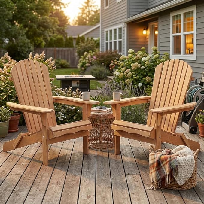 Premium Folding Adirondack Chairs Set of 2 - Solid Cedar Wood Outdoor Lounge Chairs with Embossed Wood Grain, Weather Resistant Patio Furniture for Garden, Poolside, Fire Pit & Backyard