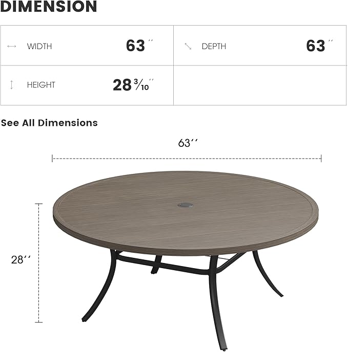 Patio Dining Table for 8-10, Round Metal Outdoor Table with 1.57" Umbrella Hole, 63" Outdoor Slat Tabletop Dining Table for Backyard, Porch, Lawn, Grey