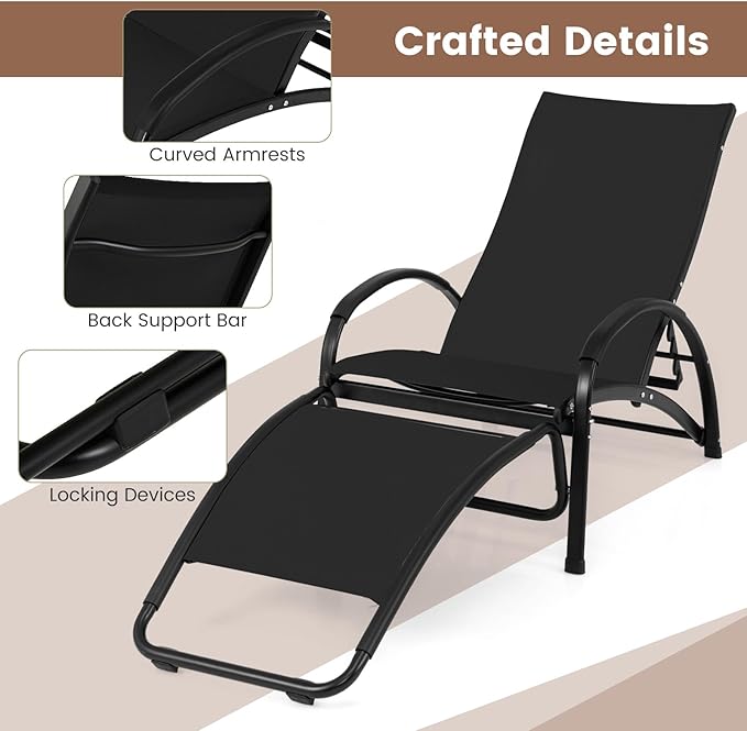 Tangkula Rocking Chair Outdoor, 2-in-1 Convertible Lounge Chair with 4-Level Adjustable Backrest, Heavy-Duty Aluminum Frame, Patio Sun Lounger Rocker for Porch, Poolside, Backyard, Garden (1, Black)