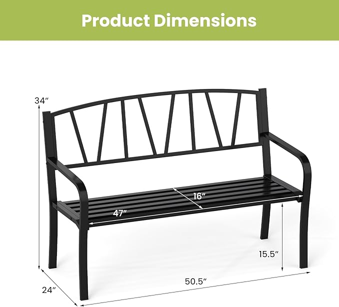Tangkula Metal Patio Park Bench, Outdoor Garden Bench Loveseat for 2-3 People with Curved Armrests & Minimalist Backrest, Heavy-Duty Outdside Seating for Backyard, Poolside, Porch (Black)