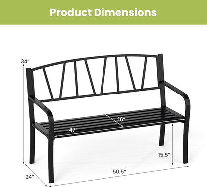 Tangkula Metal Patio Park Bench, Outdoor Garden Bench Loveseat for 2-3 People with Curved Armrests & Minimalist Backrest, Heavy-Duty Outdside Seating for Backyard, Poolside, Porch (Black)