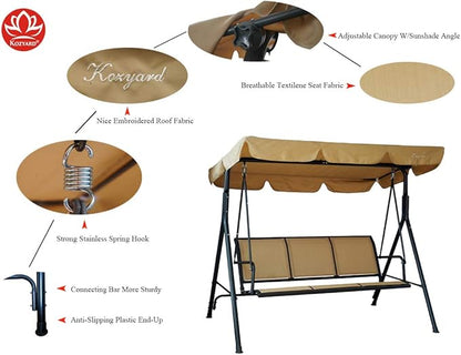 Kozyard 3-Person Outdoor Canopy Porch Swing Chair, Breathable Textilene Armrest Seat, Adjustable Shade, Heavy-Duty Powder-Coated Steel Frame Swing for Patio, Backyard, Poolside & Balcony, Beige